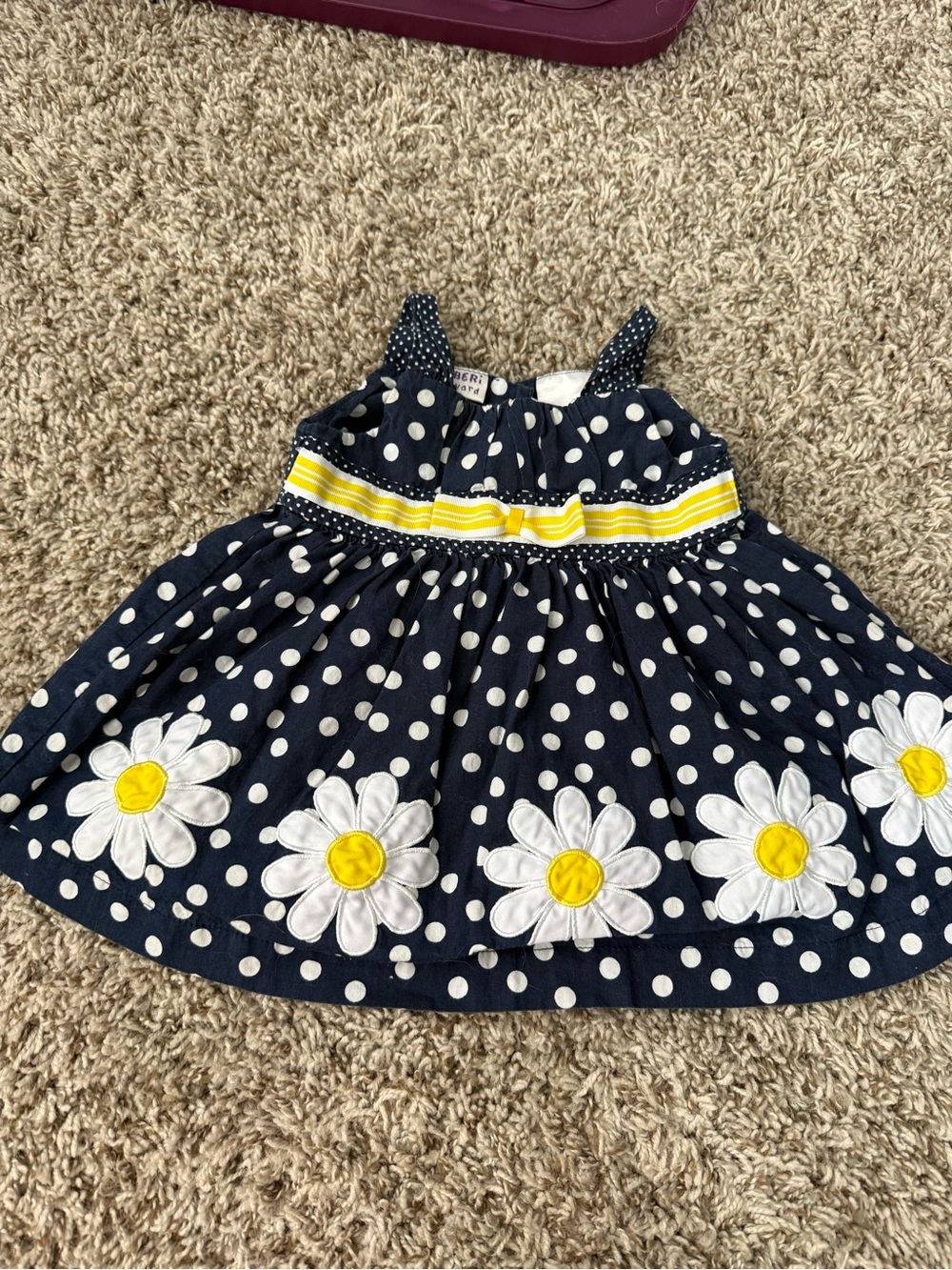 Blueberi Boulevard Navy Polka Dot Daisy Dress with Yellow Trim
